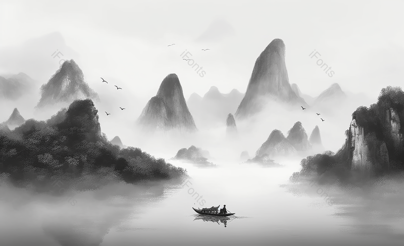 群山飞鸟黑色水墨画中国风背景,插画/手绘图,插画/手绘图库,插画/手绘图下载,插画/手绘